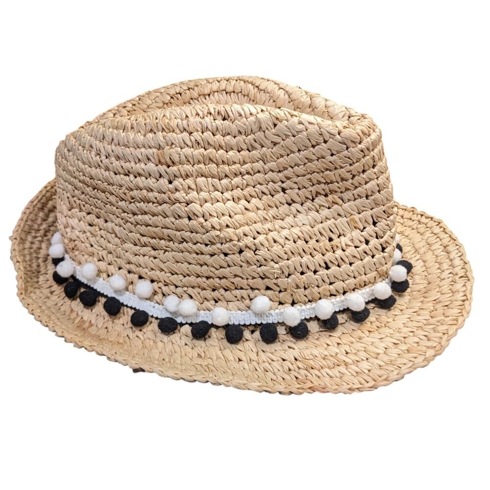 Anthropologie Tracy Watts Handmade Pom Pom-Trimmed Raffia Fedora OSFA
